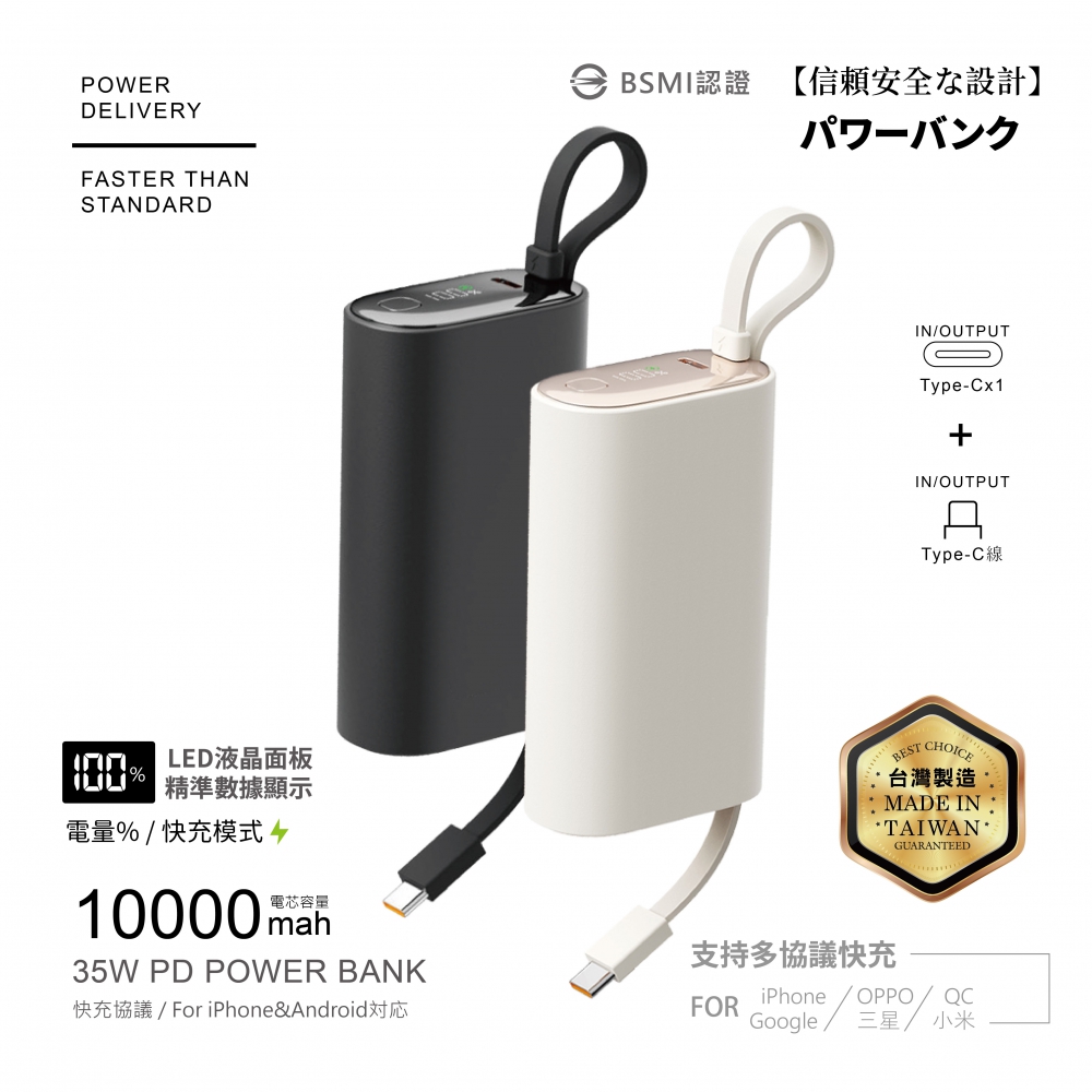 電芯10000mAh-LED顯示圓潤單線行動電源