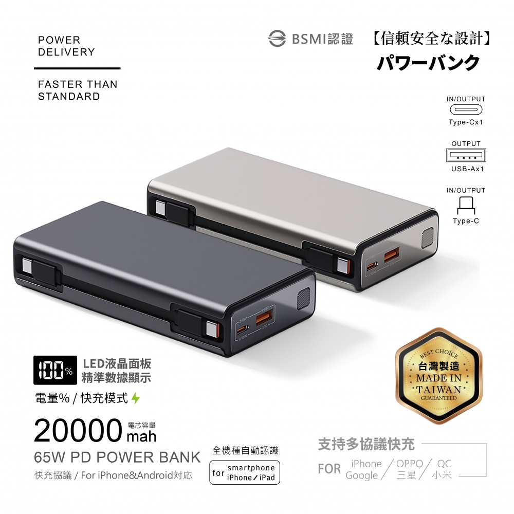 電芯20000mAh-65W行動電源